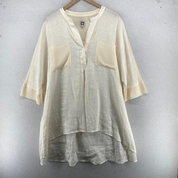 ANNE KLEIN Blouse XL Tunic Linen Chiffon Split Neck Popover 3/4 Sleeve Ivory - Picture 1 of 14